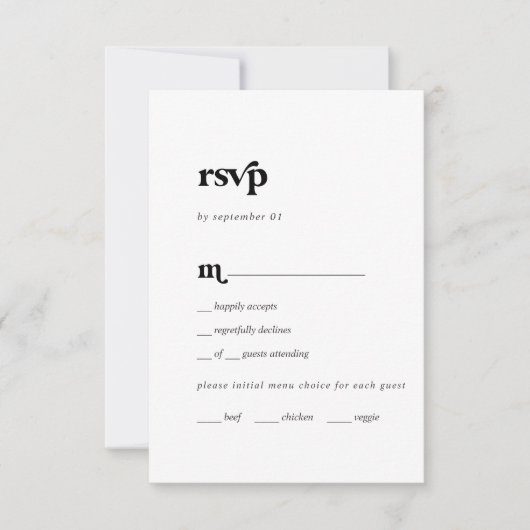 Moderne Black Typografy Menu RSVP Card Karte (Vorderseite)