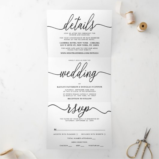 Moderne Black & White Simple Script Wedding Suite Dreifach Gefaltete Einladung (Innenseite)