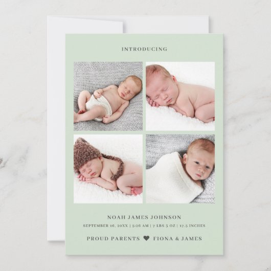 Moderne, blass grüne Foto Collage Grid Geburt Ankündigung (Vorderseite)