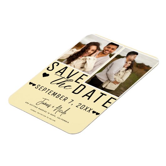 Moderne blassgelbe Save the Date 2 Foto Hochzeit Magnet (Linke Seite)