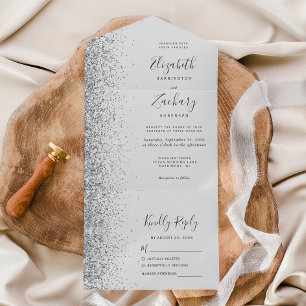 Moderne, blassgraue, silberne Glitter-Hochzeit All In One Einladung