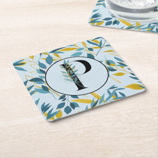 Moderne Blätter Blue Gold "Letter P" Rechteckiger Pappuntersetzer (angewinkelt)