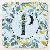 Moderne Blätter Blue Gold "Letter P" Rechteckiger Pappuntersetzer (Vorderseite)