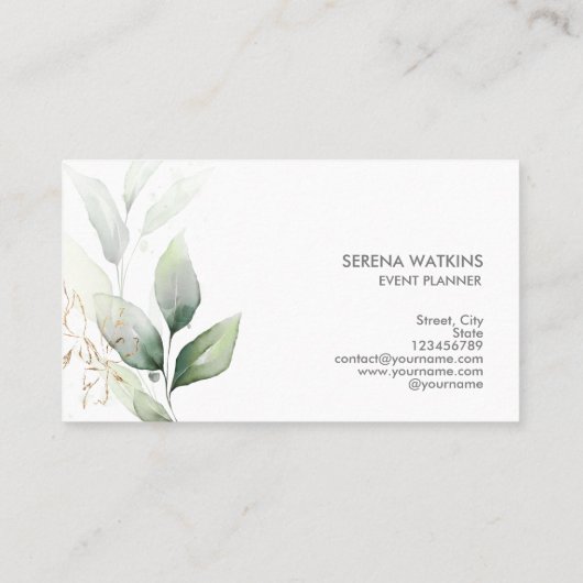 Moderne Blätter Grünpflanzen Aquarell Gold Visitenkarte (Rückseite)