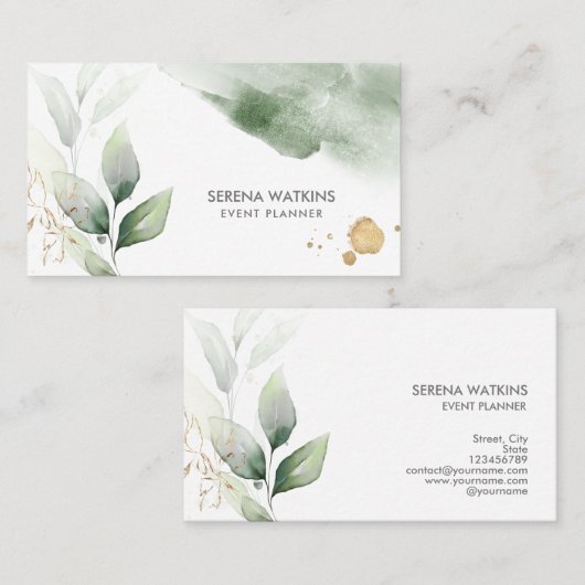 Moderne Blätter Grünpflanzen Aquarell Gold Visitenkarte (Vorne/Hinten)