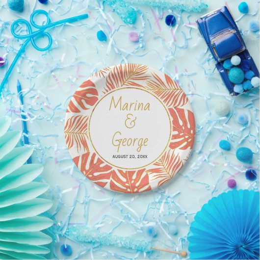 Moderne Blätter in den Farben Korallen und Gold Pappteller (Party)