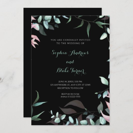 Moderne Blätter in Grün und Rosa Garten Hochzeiten Einladung (Vorne/Hinten)