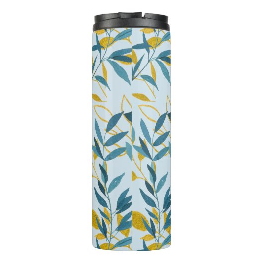 Moderne Blätter Navy Blue Gold "Letter M" Thermosbecher (Rückseite)