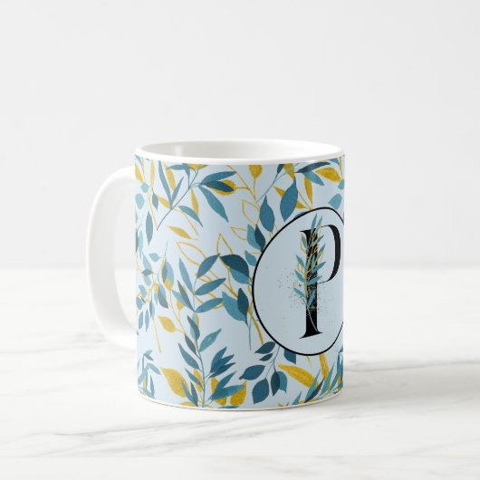 Moderne Blätter Navy Blue Gold "Letter P" Kaffeetasse (Vorderseite Links)