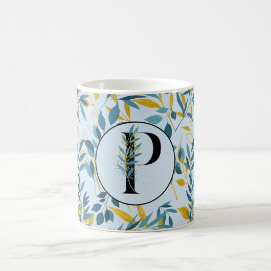 Moderne Blätter Navy Blue Gold "Letter P" Kaffeetasse (Mittel)