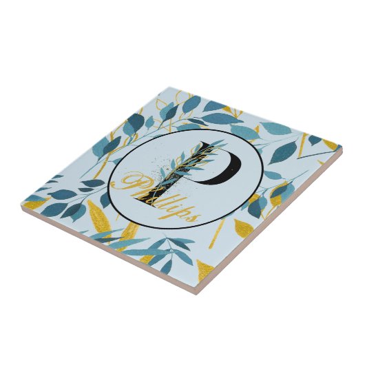 Moderne Blätter Navy Gold Monogram "Letter P" Fliese (Seite)
