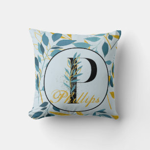 Moderne Blätter Navy Gold Monogram "Letter P" Kissen