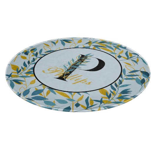 Moderne Blätter Navy Gold Monogram "Letter P" Schneidebrett (Ecke)