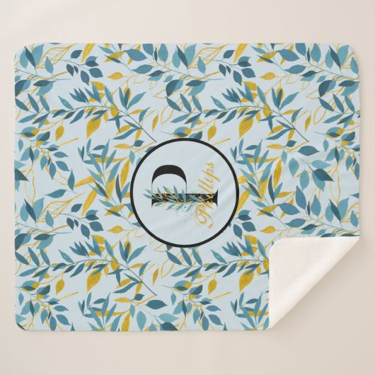 Moderne Blätter Navy Gold Monogram "Letter P" Sherpadecke (Vorderseite (Horizontal))