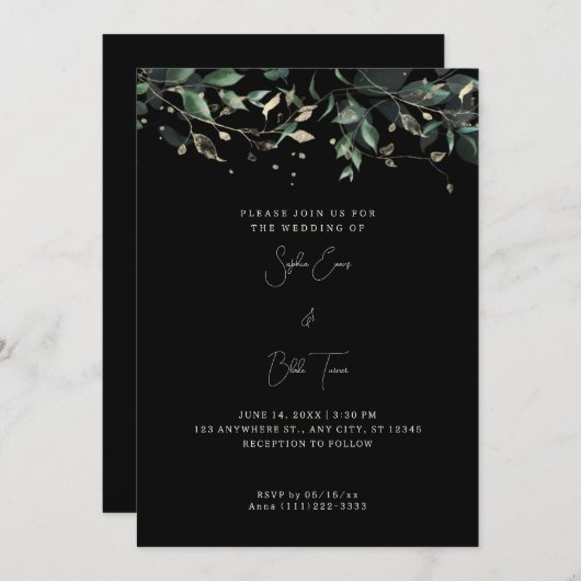 Moderne Blätter und Reben Schwarze Hochzeit Einladung (Vorne/Hinten)