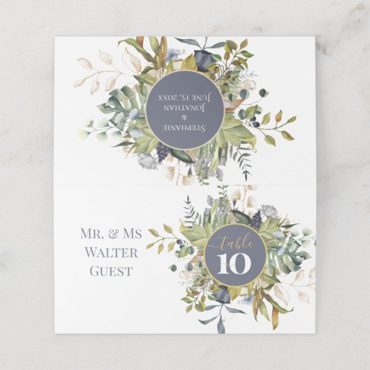 MODERNE BLAU & GRÜNE BOTANISCHE GREENERIE Hochzeit Platzkarte (Außenseite Aufgefaltet)
