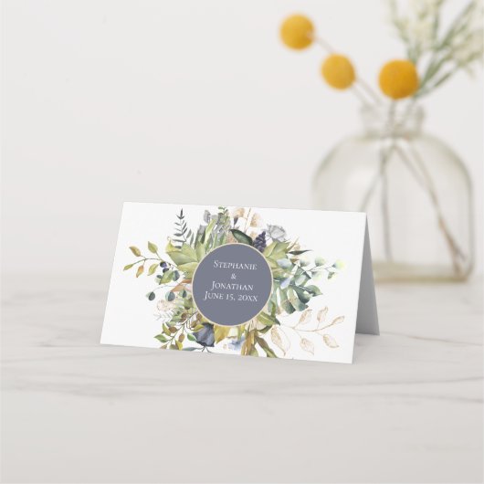 MODERNE BLAU & GRÜNE BOTANISCHE GREENERIE Hochzeit Platzkarte (Rückseite)