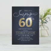 Moderne Blau-und Gold Erwachsener Überraschung 60. Einladung (Stehend Vorderseite)
