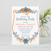 Moderne Blau- und Orangefarbene Blume geben den Ge Einladung (Stehend Vorderseite)