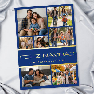 Moderne Blaue 7-Foto-Collage Feliz Navidad Folien Feiertagskarte