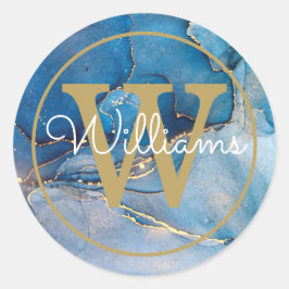 Moderne Blaue Achat-Geode Gold-Monogramm-Schrift Runder Aufkleber