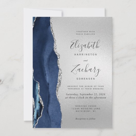 Moderne blaue Agate-Silberhochzeit Einladung (Vorderseite)