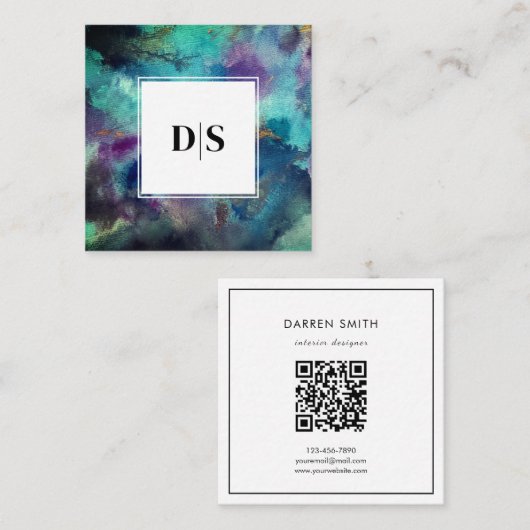 Moderne Blaue Aquarell-Abstrakte QR-Code-Monogramm Quadratische Visitenkarte (Vorne/Hinten)