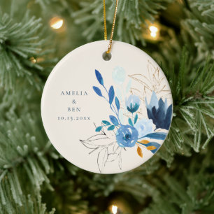 Moderne Blaue Aquarell-Blumen Hochzeit Keramik Ornament