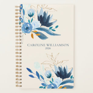 Moderne Blaue Aquarell-Blumen Personalized 2022 Planer