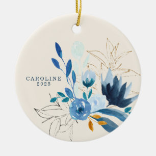 Moderne Blaue Aquarellblumen Personalisiert 2022 Keramik Ornament