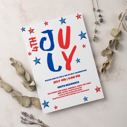 Moderne blaue Aquarelltypografie am 4. Juli Einladung