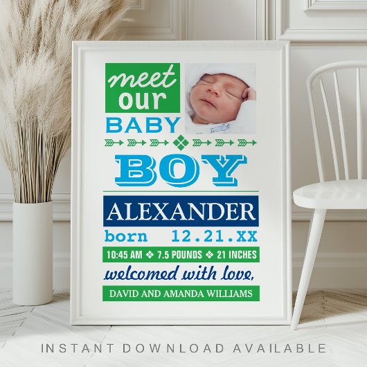 Moderne blaue Babboy-Geburtsanzeige Poster