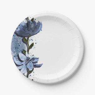 Moderne blaue Blumen Blumen Wasserfarbe Hochzeit Pappteller