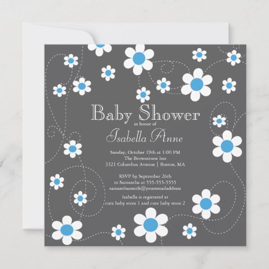 Moderne blaue Blumen Blumenjungen Baby Dusche Einladung (Vorderseite)