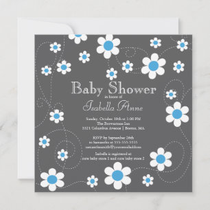 Moderne blaue Blumen Blumenjungen Baby Dusche Einladung