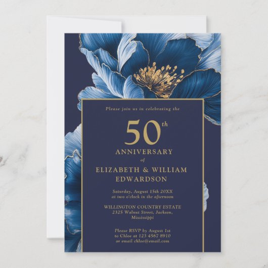 Moderne blaue Blumen Elegant 50 Jahre Jubiläum Einladung (Vorderseite)