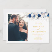 Moderne blaue Blumen & gelbes Foto Hochzeit Einladung (Vorderseite)