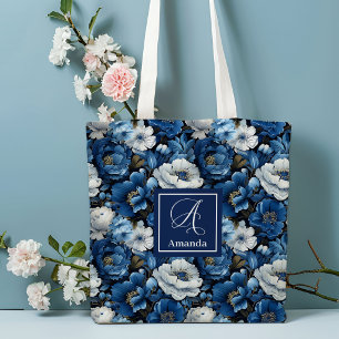 Moderne blaue Blumen Personalisierte Blumen-Traget Tasche