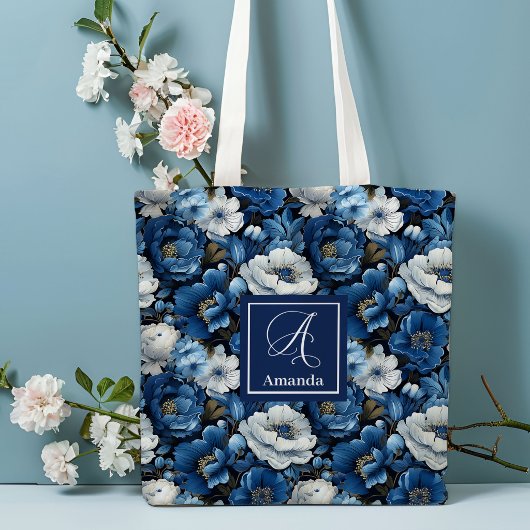 Moderne blaue Blumen Personalisierte Blumen-Traget Tasche