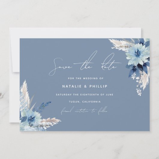 Moderne blaue Blumen Schöne Hochzeit Save The Date (Vorderseite)