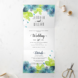 Moderne blaue Blumen, Typografie Blumenhochzeit Dreifach Gefaltete Einladung