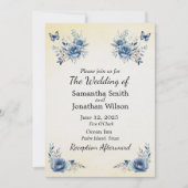 Moderne blaue Blumen und Schmetterlinge Hochzeiten Einladung (Vorderseite)