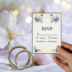 Moderne blaue Blumen und Schmetterlinge RSVP Card Einladung