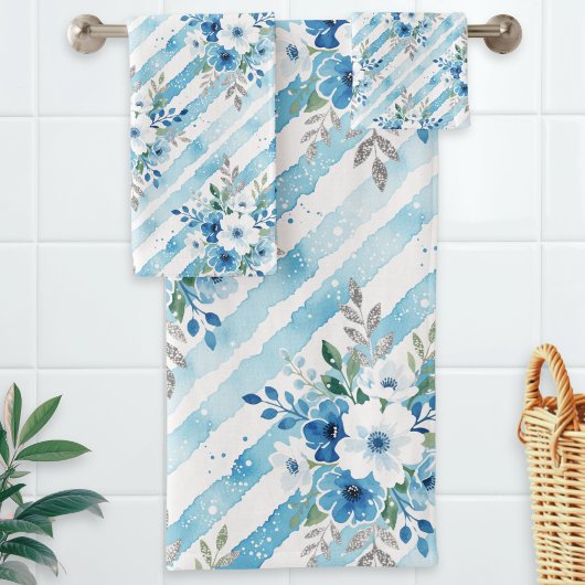 Moderne blaue Blumenstreifen Badhandtuch Set