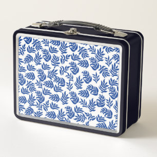 Moderne Blaue Botanische Blätter Muster Metall Brotdose
