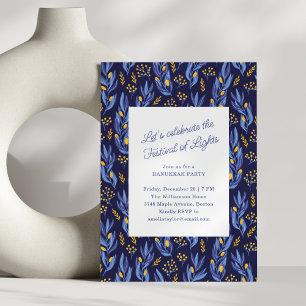 Moderne blaue botanische Hanukkah-Party für die Fa Einladung