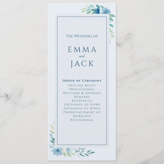 Moderne Blaue Botanische Hochzeit mit minimalem Bl Programm (Vorderseite)