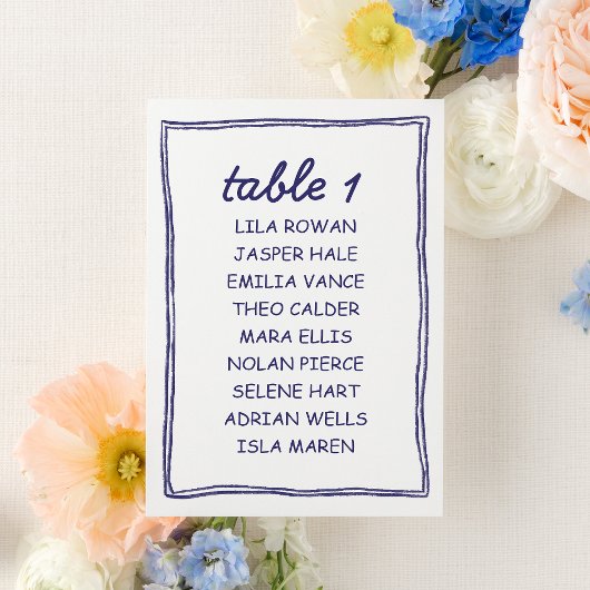 Moderne Blaue Doodle-Hochzeits-Sitzplan-Karte Tischnummer