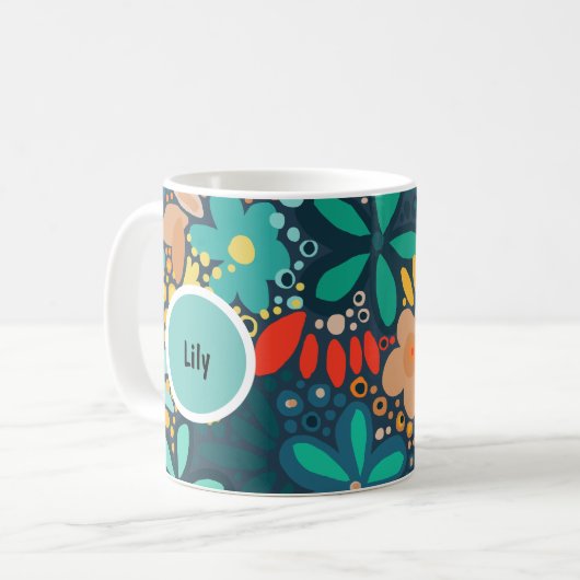 Moderne blaue dunkle Blumen Kaffeetasse (Vorderseite Links)