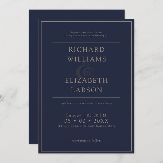 Moderne blaue, einfache saubere Minimal-Hochzeit Einladung (Vorne/Hinten)